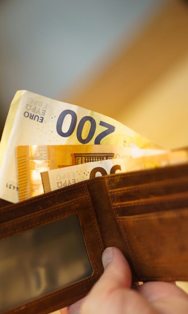 Close-up of a hand holding a leather wallet filled with 200 euro banknotes, highlighting finance and economy.
